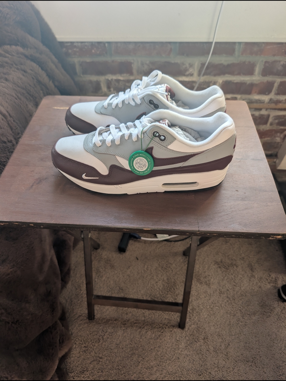 Nike Air Max 1 Sneakers in White, Gray, and Maroon